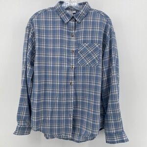 Just Polly New York Plaid Flannel Button Down Shirt Blue White Medium